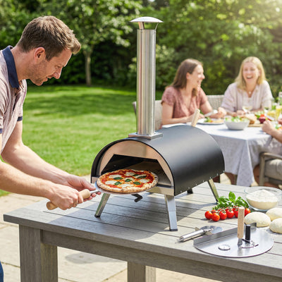 Wood Fired Outdoor Pizza Oven for Fast Even Cooking with Rotating Stone for Garden or Patio, Black Outsunny