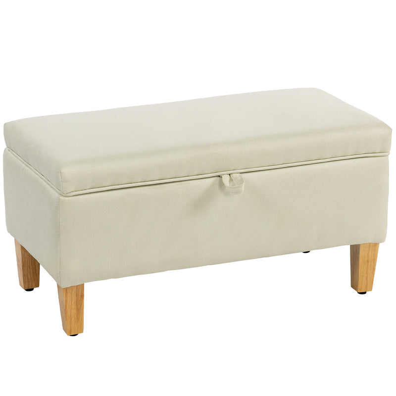 30L Beige Linen Storage Ottoman with Padded Seat and Wooden Legs for Bedroom or Hallway