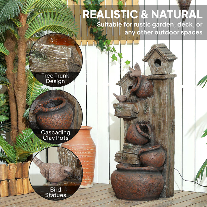 2-in-1 Waterfall Fountain with Birdhouse LED Lights and Pump Tree Trunk Design by Outsunny