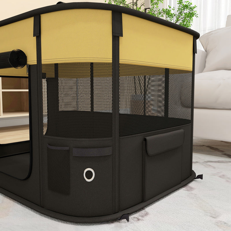 Foldable Dog Playpen with Storage Bag and Ground Stakes for Indoor and Outdoor Use, Yellow