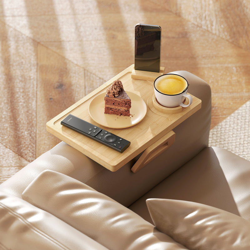 Sofa Arm Tray with Rotating Device Holder and Removable Cup Holder Bamboo Natural Wood