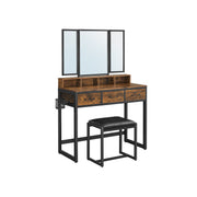 Rustic brown dressing table with tri-fold mirror, storage drawers and padded stool, featuring a black metal frame.
