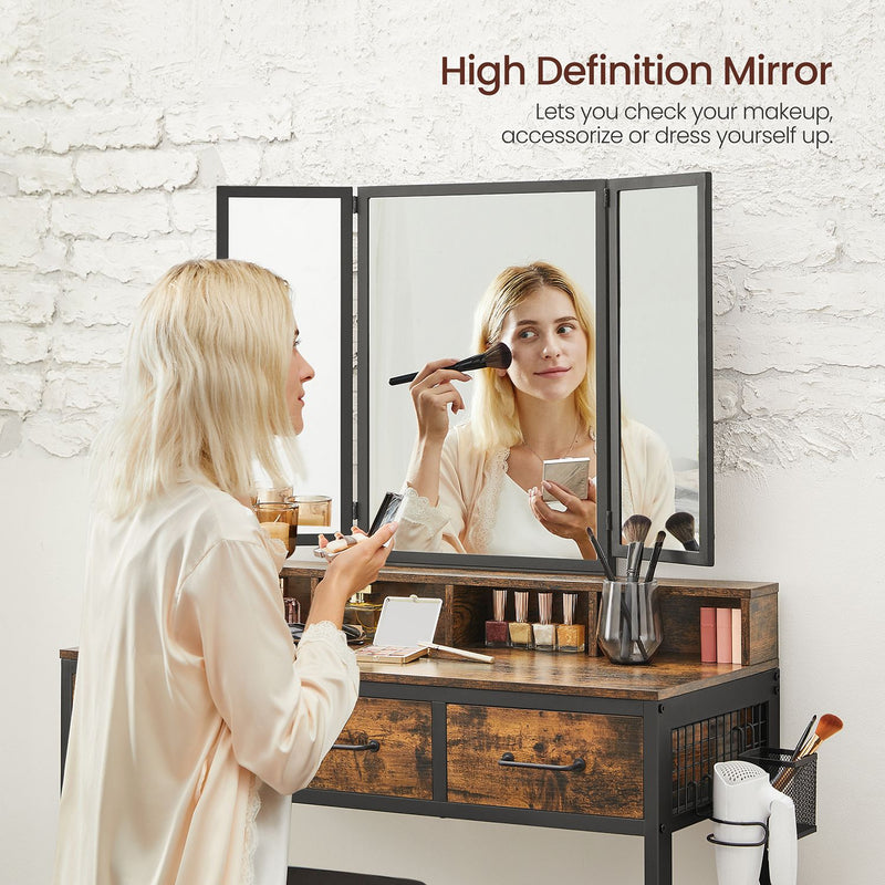 Woman using a high-definition mirror in a home setting.