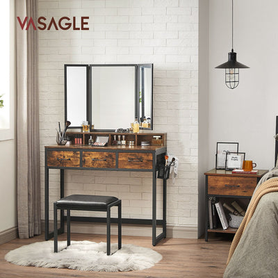 Vasagle industrial vanity table with mirror and stool in a bedroom setting