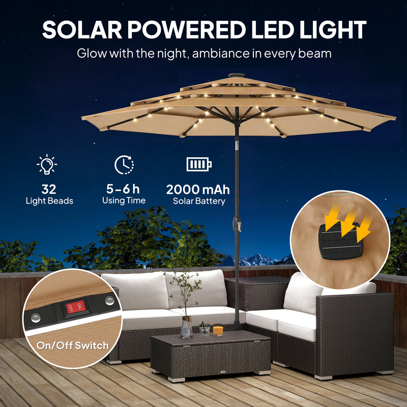 Garden Parasol with Solar LED Lights and Adjustable Shade for Outdoor Dining Khaki Outsunny