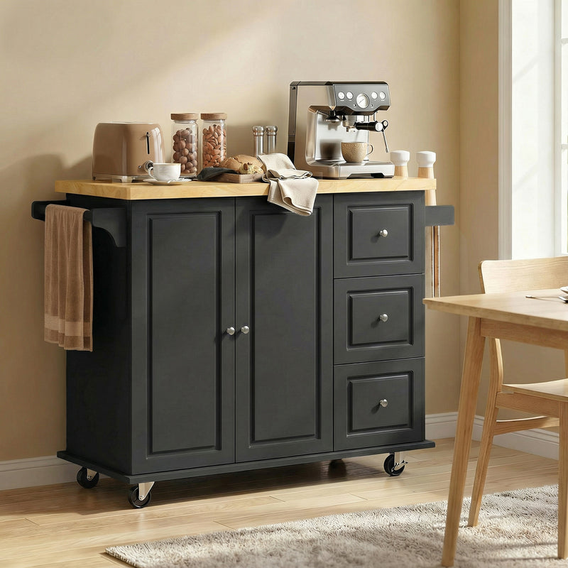Black Mobile Kitchen Island Trolley With Drop Leaf, Storage Shelves, Drawers, and Rubber Wood Counter Top For Easy Meal Prep