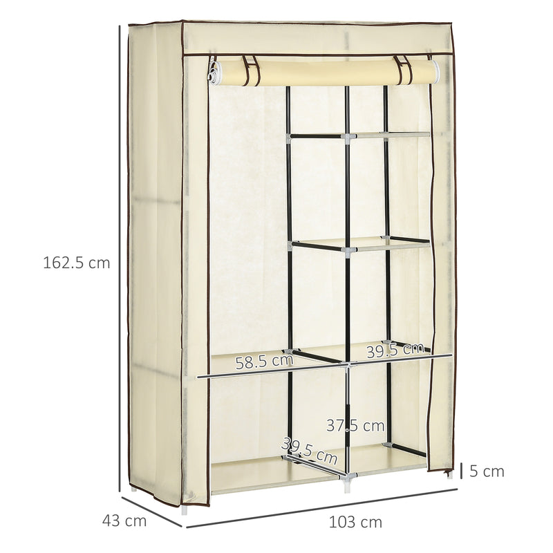 Cream White Fabric Portable Wardrobe with 6 Shelves and Hanging Rail by HOMCOM