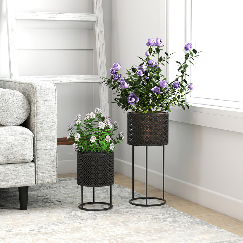 Metal Planter Set of 2 for Indoor or Outdoor Plants with Modern Woven Design Black AOSOM