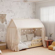 Wooden Kids House Bed Frame with Safety Guard Rails for Children Single Bed Natural AOSOM