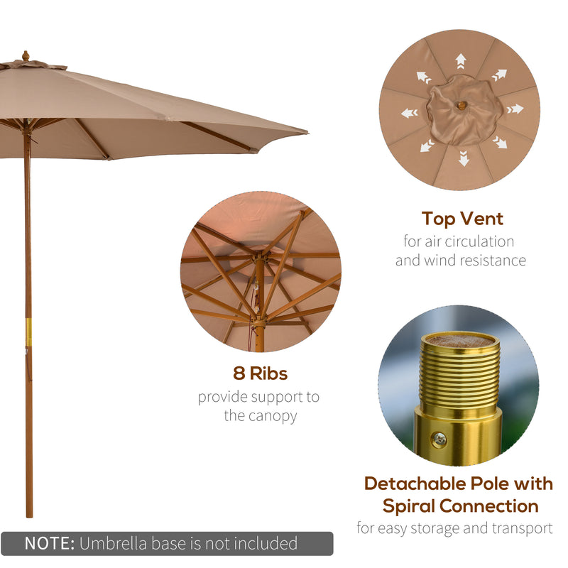 3m Wooden Garden Parasol with 8 Ribs for Outdoor Patio Sun Shade Shelter Khaki AOSOM