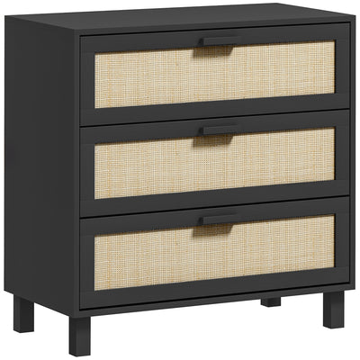 3 Drawer Rattan Chest of Drawers Boho Storage Unit for Bedroom or Hallway, Black
