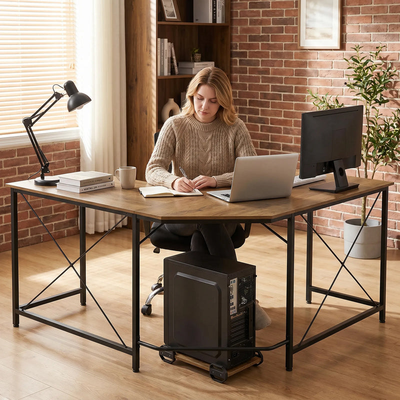 L Shaped Corner Desk for Home Office with Spacious Worktops and Movable Shelf Black Grey
