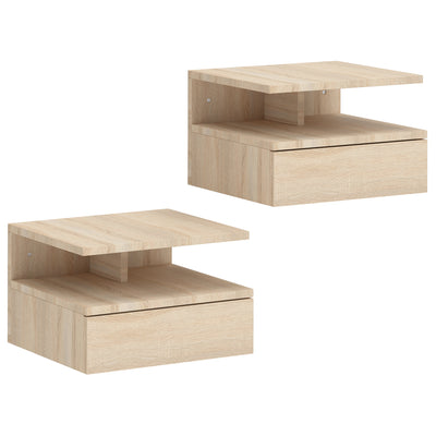 Set of 2 Floating Bedside Tables with Drawer and Shelf for Space Saving Storage Oak AOSOM