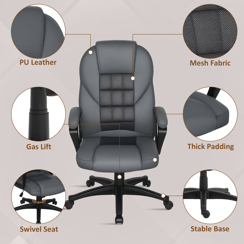 Ergonomic Faux Leather Swivel Office Chair With Adjustable Height Support, Charcoal Grey