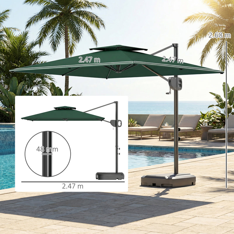 Square Cantilever Parasol with Base For Patio or Garden - UV30+ Adjustable Shade,  Dark Green