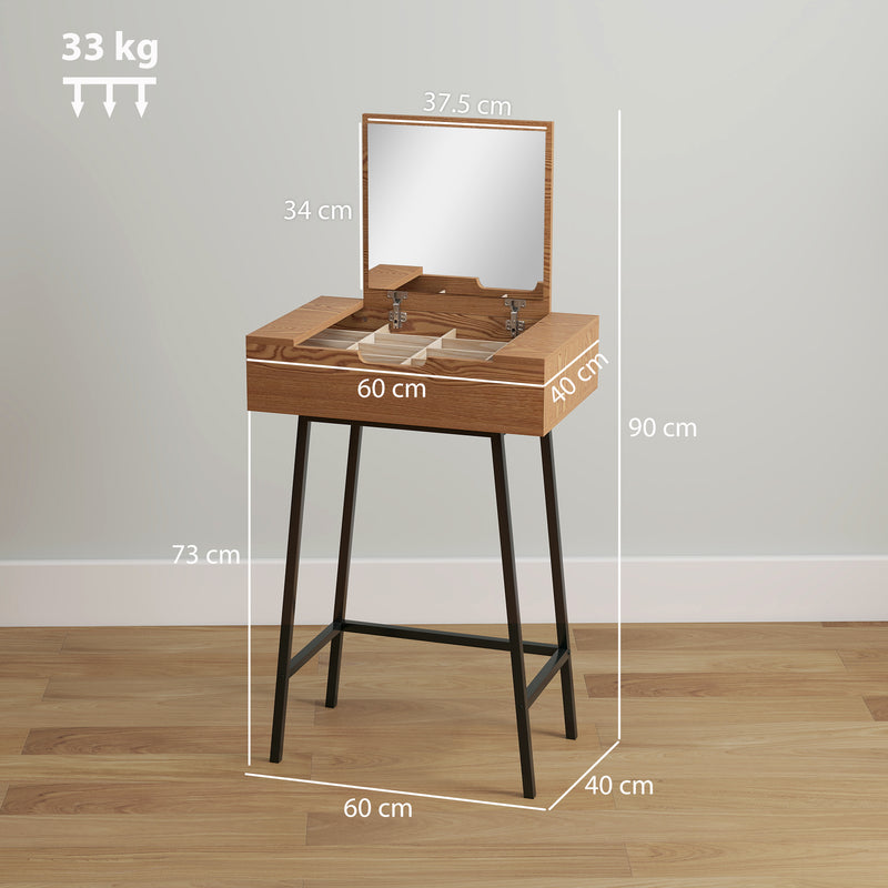 Industrial Vanity Desk with Flip Up Mirror and 16 Storage Compartments for Bedroom, Natural Wood Effect