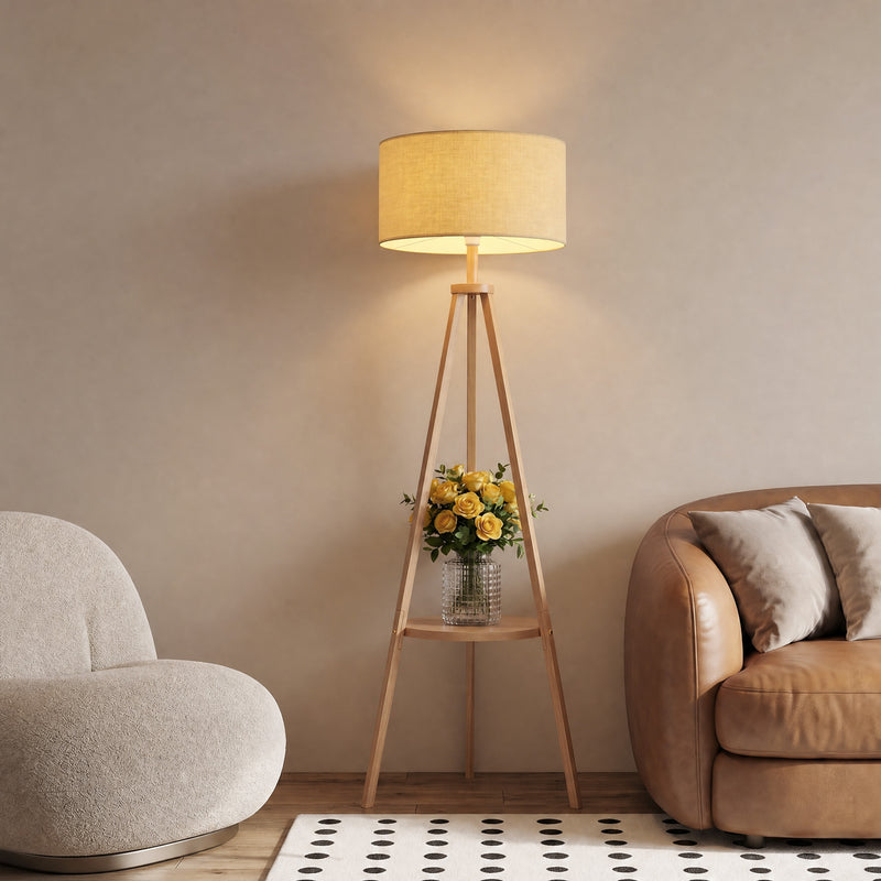 Floor Lamp with Shelf for Lighting and Storage Natural Wood