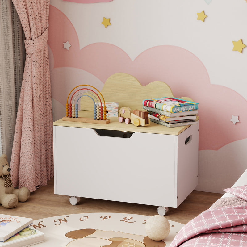 Toy Storage Chest with Wheels and Safety Hinges for Toddlers Playroom or Bedroom White AOSOM