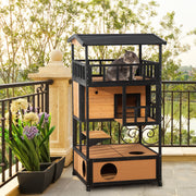 3 Tier Wooden Outdoor Cat House With Terrace And Elevated Base For Winter Shelter, Yellow