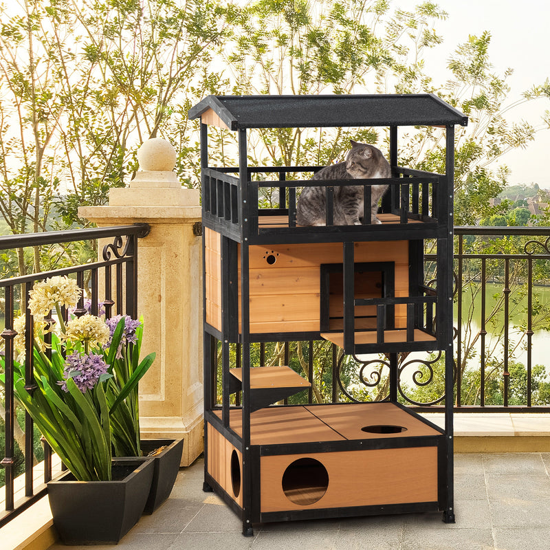 3 Tier Wooden Outdoor Cat House With Terrace And Elevated Base For Winter Shelter, Yellow