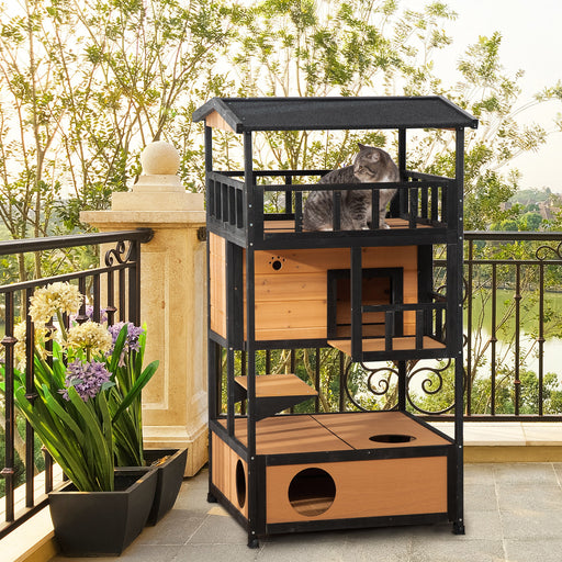 3 Tier Wooden Outdoor Cat House With Terrace And Elevated Base For Winter Shelter, Yellow