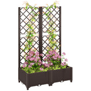 Brown Raised Garden Bed with Trellis Plastic Planter Box with Drainage for Climbing Plants by Outsunny