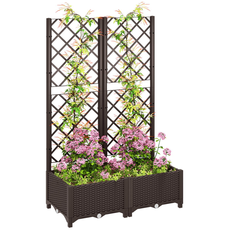 Brown Raised Garden Bed with Trellis Plastic Planter Box with Drainage for Climbing Plants by Outsunny