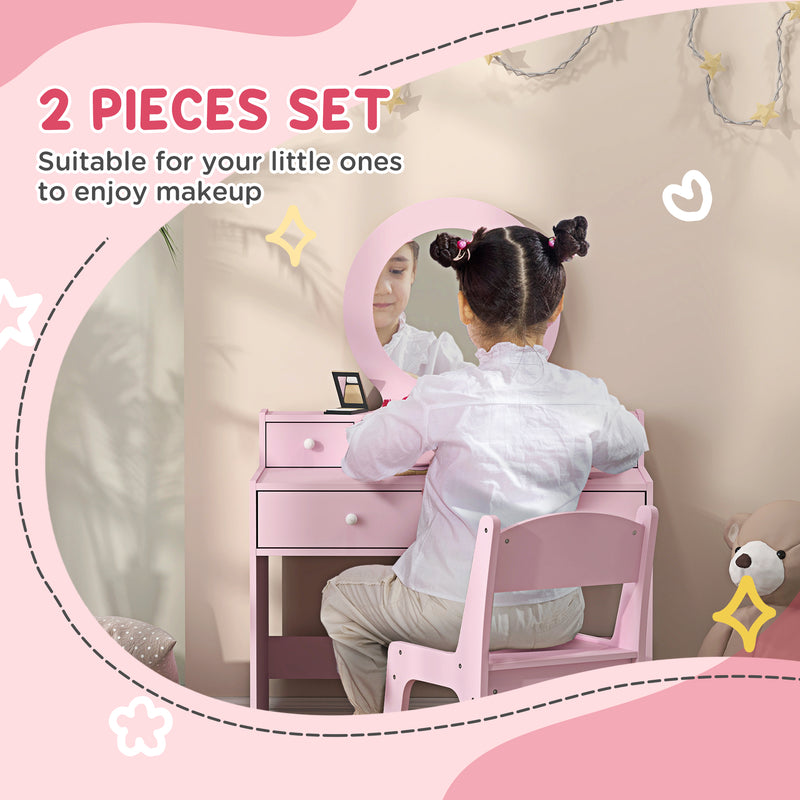 Kids Dressing Table Set with Mirror Stool and Storage Drawers Ideal Gift for Ages 3 to 8 Years, Pink