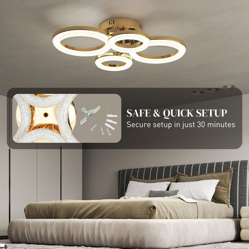 Modern LED Ceiling Light With 4 Rings And Adjustable Colour Temperature For Living Room Gold Tone