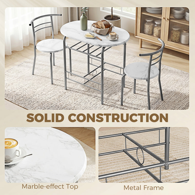 Compact Dining Table and 2 Chairs with Shelf for Small Kitchens White Marble Effect