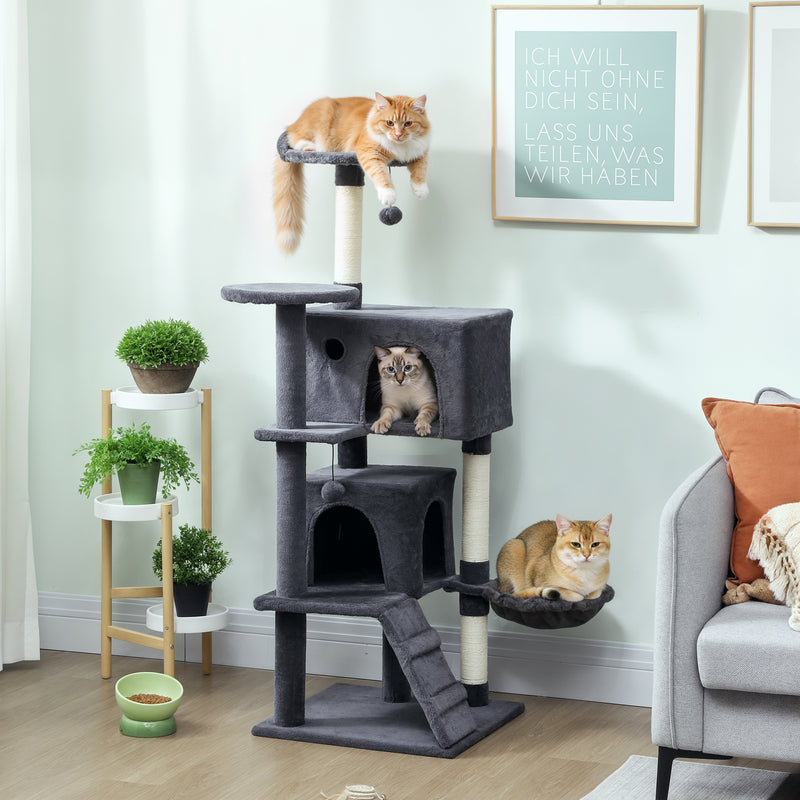Large 140cm Cat Tree Tower with Hammock and Scratching Posts for Indoor Cats Dark Grey AOSOM