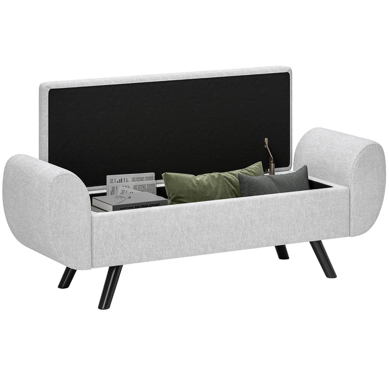 Light Grey Upholstered Storage Ottoman Bench with Armrest and Wooden Legs by HOMCOM