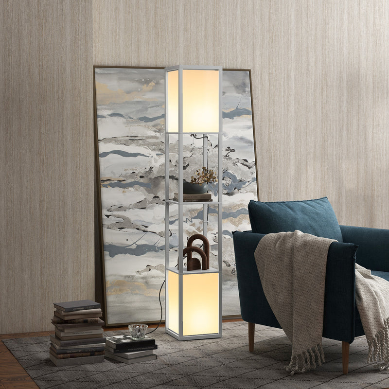 Modern Floor Lamp with Shelves and Dual Ambient Lighting for Living Room or Bedroom, Grey