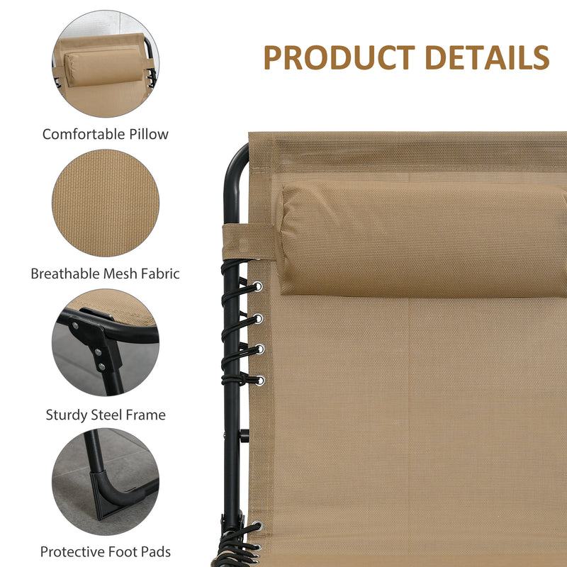 Beige Folding Sun Lounger Set of 2 with Adjustable Backrest and Pillow for Garden or Beach
