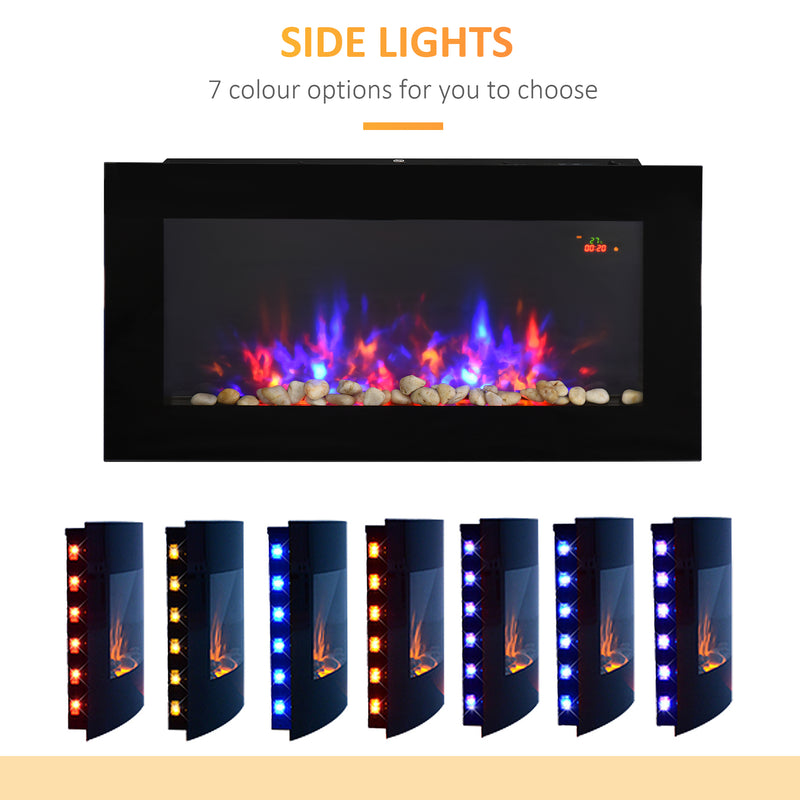 Black LED Wall Mounted Electric Fireplace With Curved Glass For Modern Living Rooms