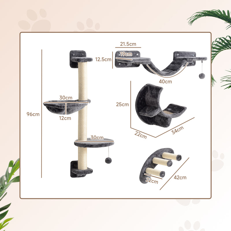 Four Piece Cat Wall Furniture Set with Hammock and Steps for Indoor Climbing Fun, Dark Grey