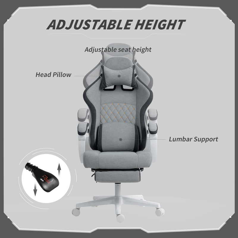 Grey Velvet Reclining Gaming Chair With Footrest And Lumbar Support For Home Office