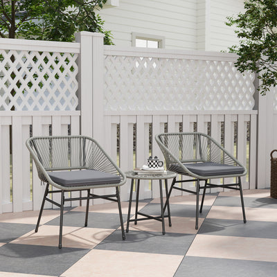 3 Piece Rattan Bistro Set with Cushions and Glass Top Table Light Grey by Outsunny