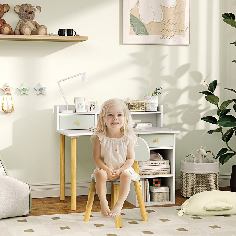 Kids Study Desk and Chair Set with Hutch Storage Shelves and Drawer for Home Learning Green