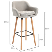 Set of 2 Upholstered Bar Stools with Solid Wood Legs for Kitchen or Dining Room Beige