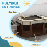 Foldable Dog Playpen with Carry Bag and Ground Stakes for Travel or Home Use, Brown