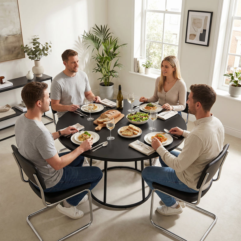 Round Dining Table for 4 to 6 People Compact Easy Clean Design Black