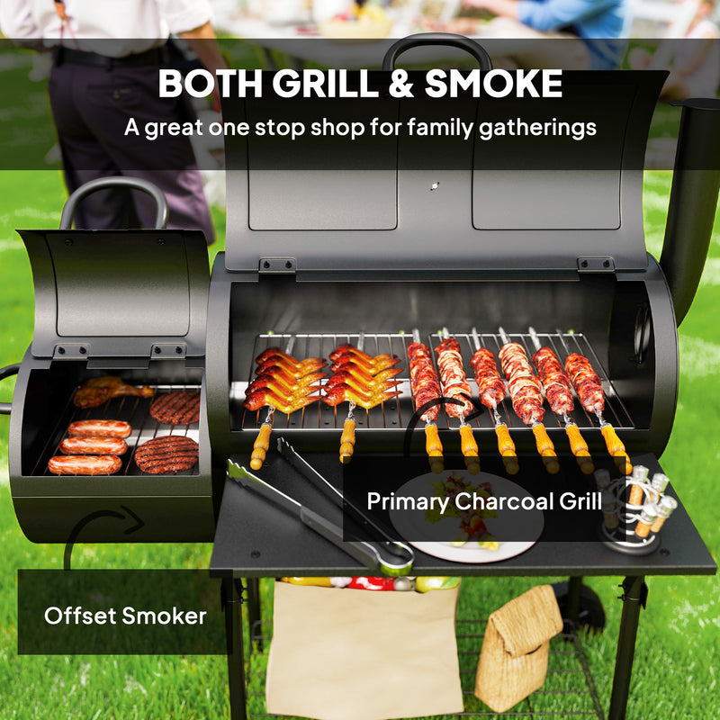 Charcoal BBQ Grill and Smoker for Garden Parties with Shelves and Wheels Black Outsunny