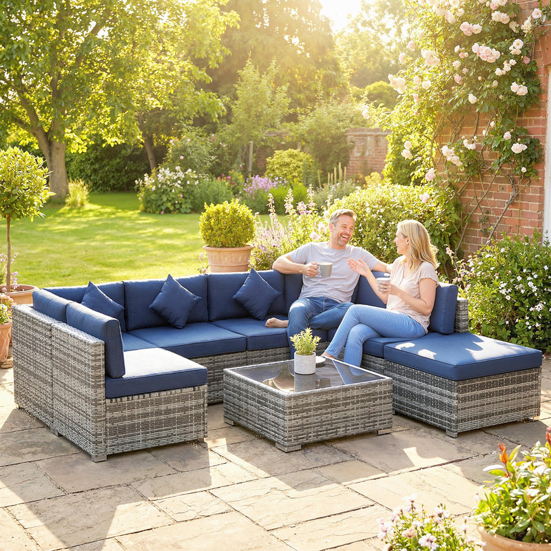 Rattan Garden Corner Sofa Set with Flexible Seating and Table for Outdoor Relaxtion, Grey & Blue