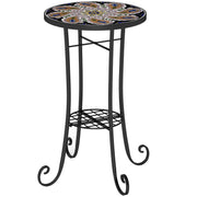 Small Round Mosaic Garden Table with Shelf Ceramic Tile Top for Outdoor and Indoor Use by Outsunny