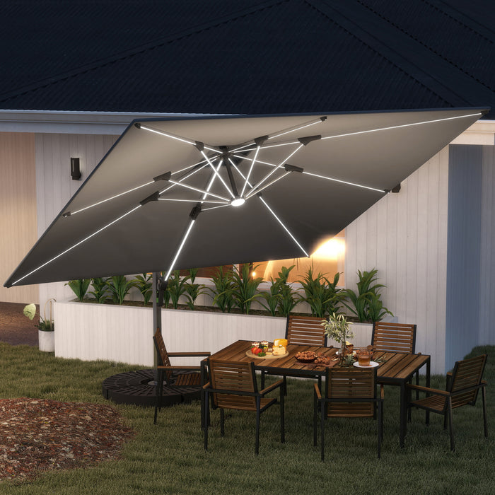 Grey 3m Garden Cantilever Parasol with Solar LED Lights and 360 Degree Rotation by Outsunny