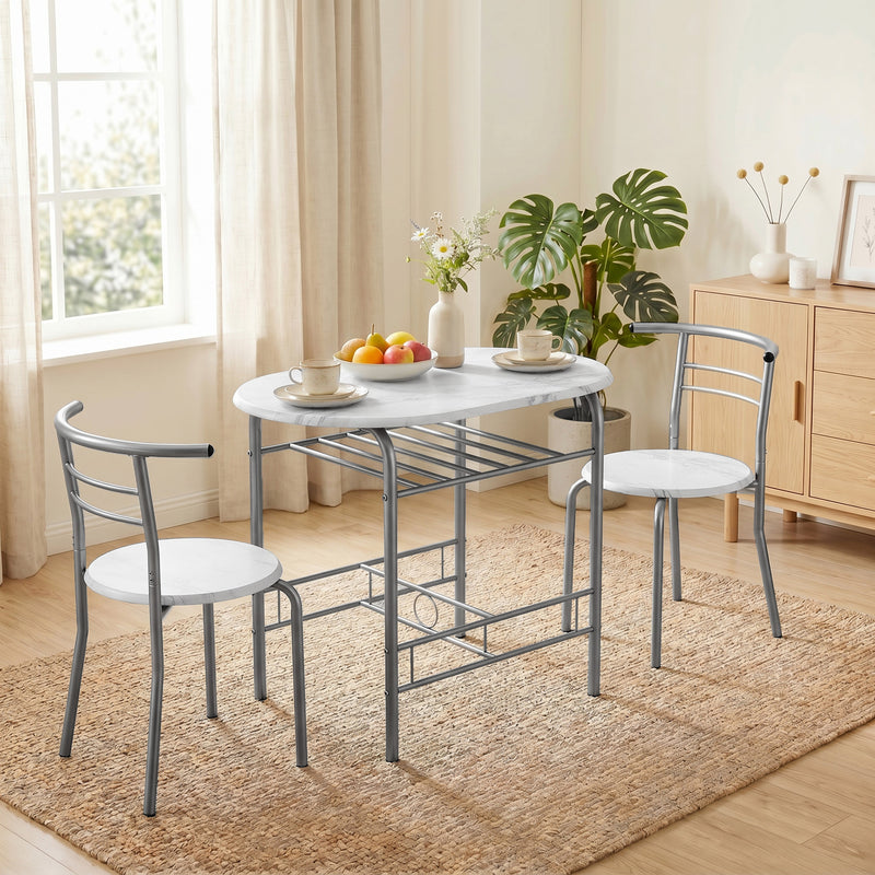 Compact Dining Table and 2 Chairs with Shelf for Small Kitchens White Marble Effect