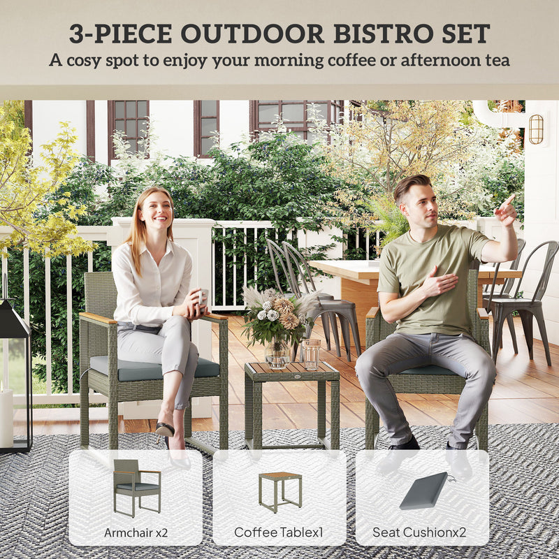 Grey 3 Piece Rattan Bistro Set With Cushions and Table for Garden or Balcony by Outsunny