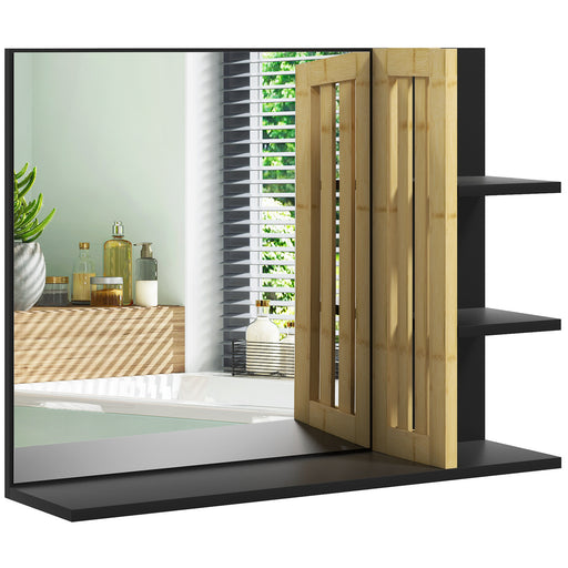 Wall Mounted Bathroom Mirror With Storage Shelves Ideal For Small Spaces Natural Wood
