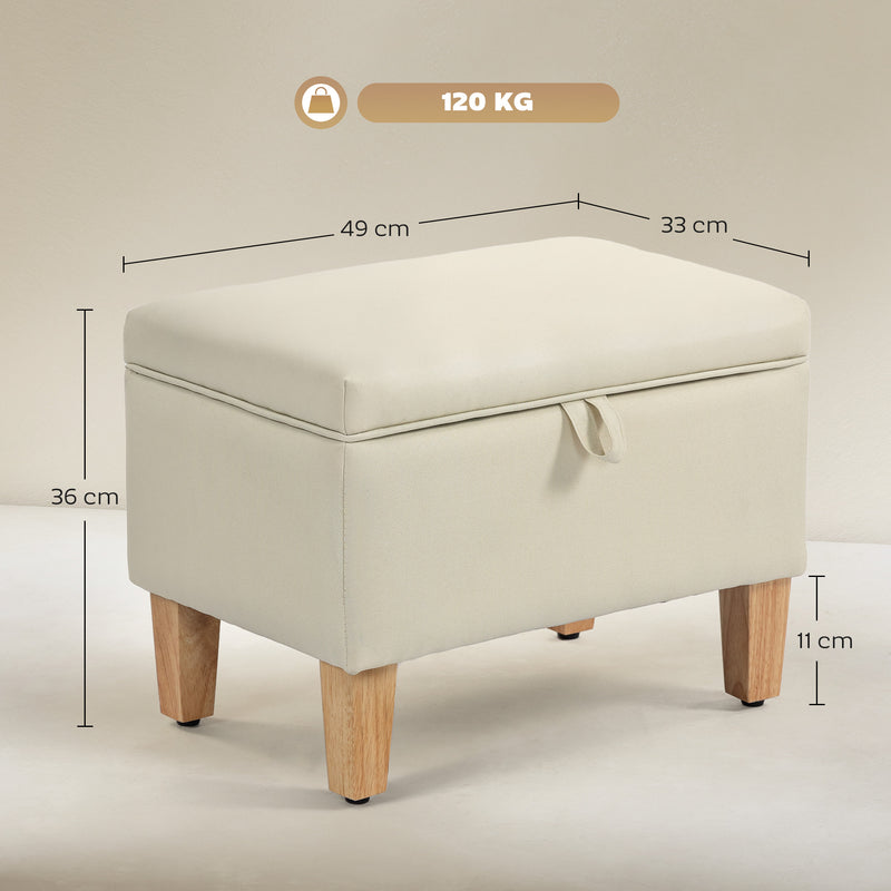 Beige Linen Storage Ottoman 16L with Padded Seat and Rubberwood Legs for Bedroom Use - 49W x 33D x 36H cm